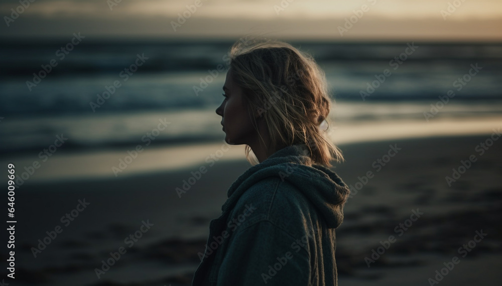 Solitude in nature Young woman standing, looking away at sunset generated by AI Solitude in nature Young woman standing, looking away at sunset generated by AI