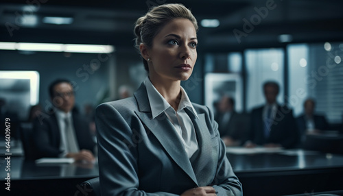 Confident businesswoman and team strategize in modern office environment generated by AI © Stockgiu