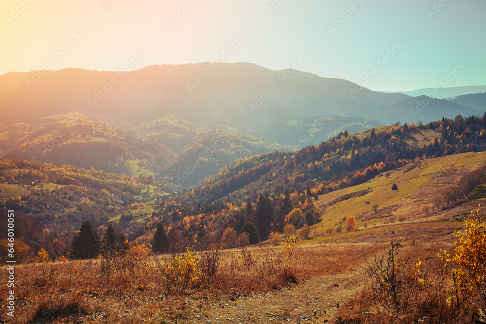 Mountain ridge in fall. Mountain autumn landscape