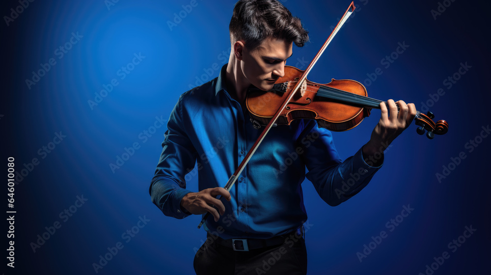 Fototapeta premium Young man playing violin on blue background