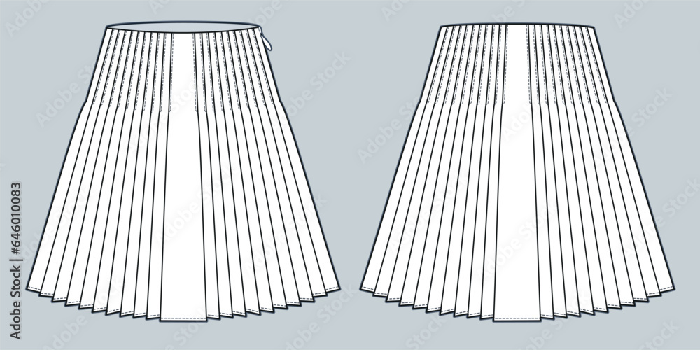 Vetor de Pleated Skirt technical fashion illustration. Mini Skirt