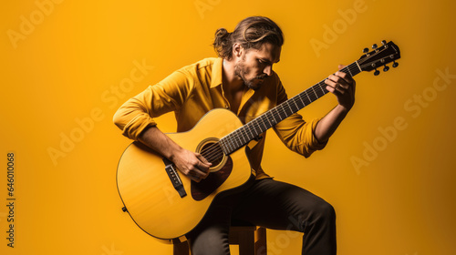 Male musician playing guitar on yellow background