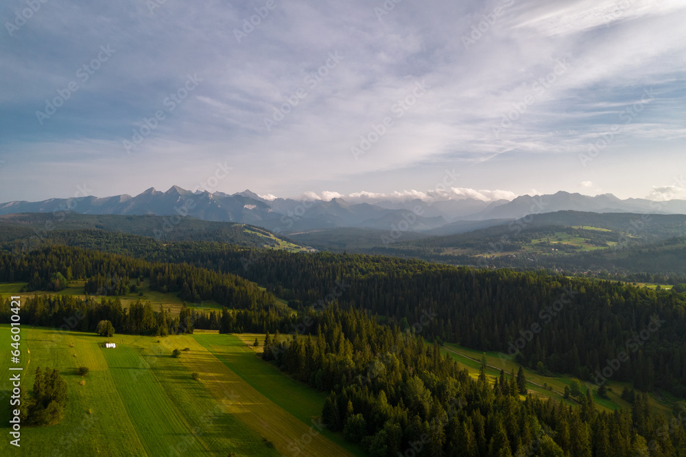Fototapeta premium Tatry, Tatra mountain, gory, polskie góry, Slovakia, drone, bird view, aerial, city, urban, street, building, roof, sky, clouds, summer time