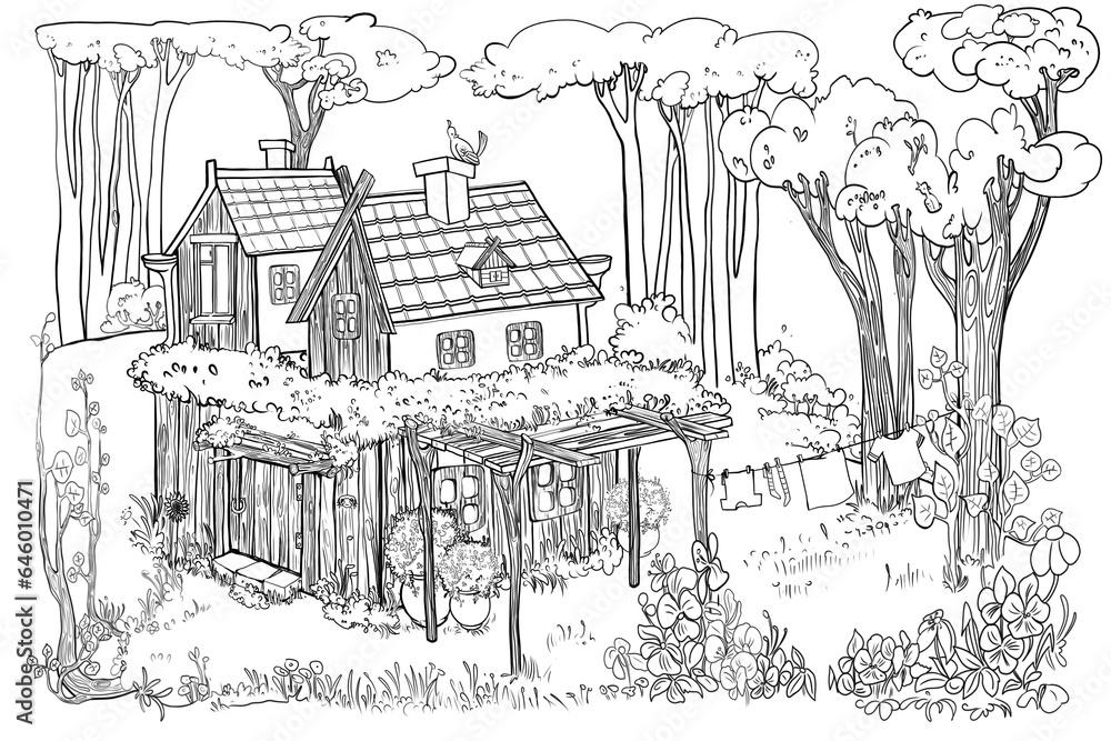 Fairy-tale house in a forest glade, a house of a forest fairy, a fairy-tale hero, drawing for coloring