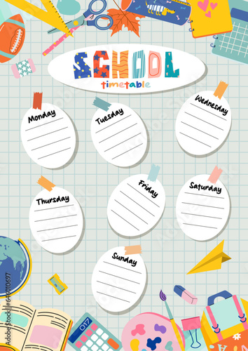 School timetable, weekly schedule vector template with cute stationery. Schedule for the student in the form of board training and stickers with space for notes.