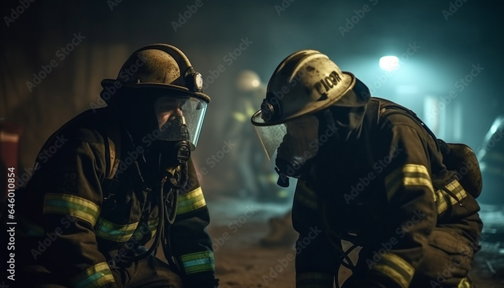 Firefighters in protective suits rescue burning building in dangerous night generated by AI