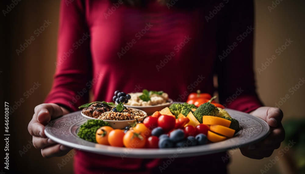 One woman holding a plate of fresh, organic vegetable salad generated by AI