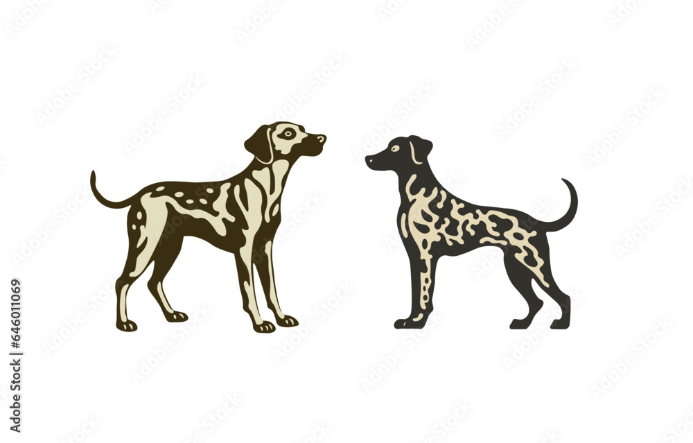 Cartoon hunting dogs with white spots. Vector illustration
