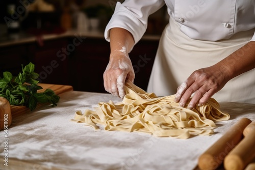 Crop anonymous female cook preparing traditional Italian rolled fresh tagliatelle pasta on marble counter in kitchen