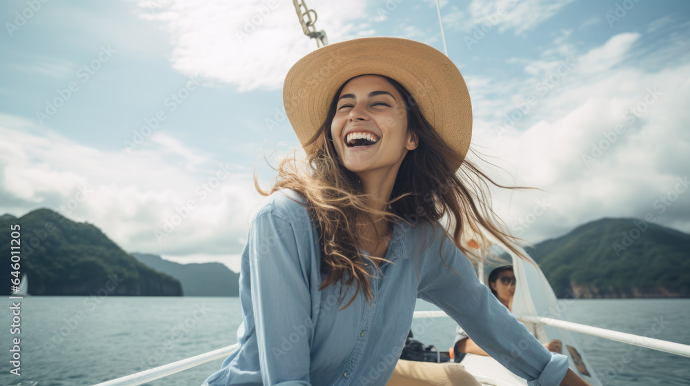 Portrait of a smiling woman on a yacht at sea during a vacation