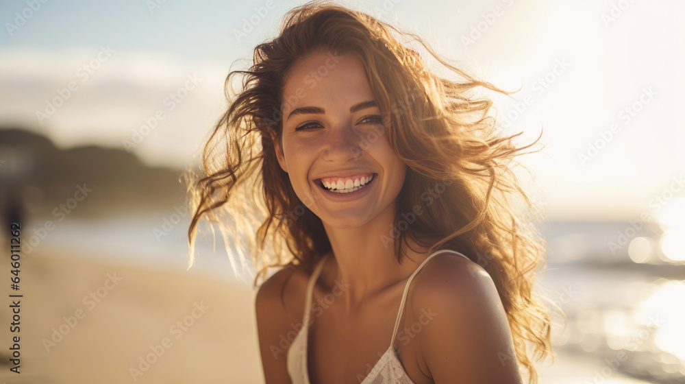 Young woman smiles happily while on vacation with the beach in the background Young woman smiles happily while on vacation with the beach in the background
