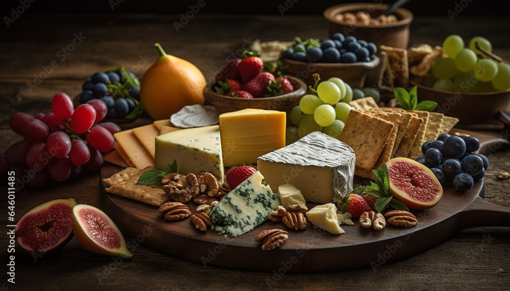 A rustic cheese platter with fresh fruit and organic wine generated by AI