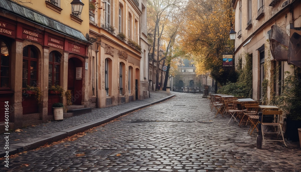 The old fashioned lanterns light up the narrow cobblestone footpath generated by AI