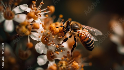 A busy honey bee pollinates a single yellow flower outdoors generated by AI © Stockgiu