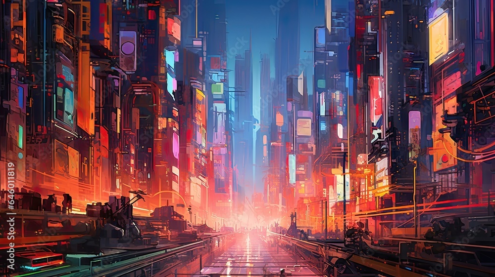 Futuristic City Neon Lights: An Oil Painting of Urban Brilliance