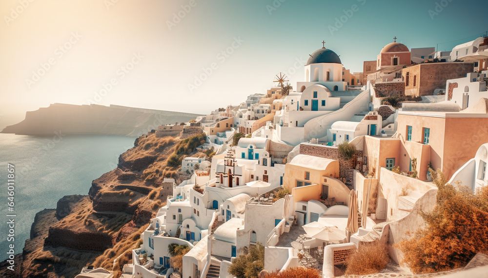 A stunning sunset over the idyllic Santorini, a Greek paradise generated by AI