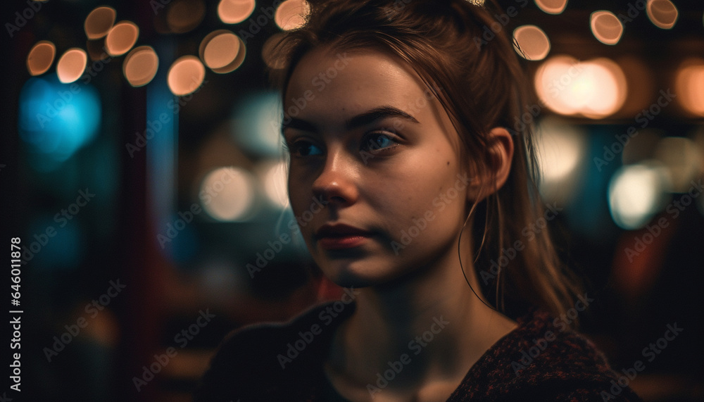 One young woman, illuminated by street light, smiling at camera generated by AI One young woman, illuminated by street light, smiling at camera generated by AI