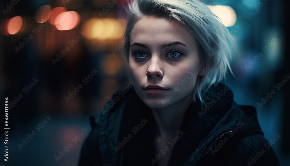 One young woman, looking at camera, illuminated by street light generated by AI One young woman, looking at camera, illuminated by street light generated by AI