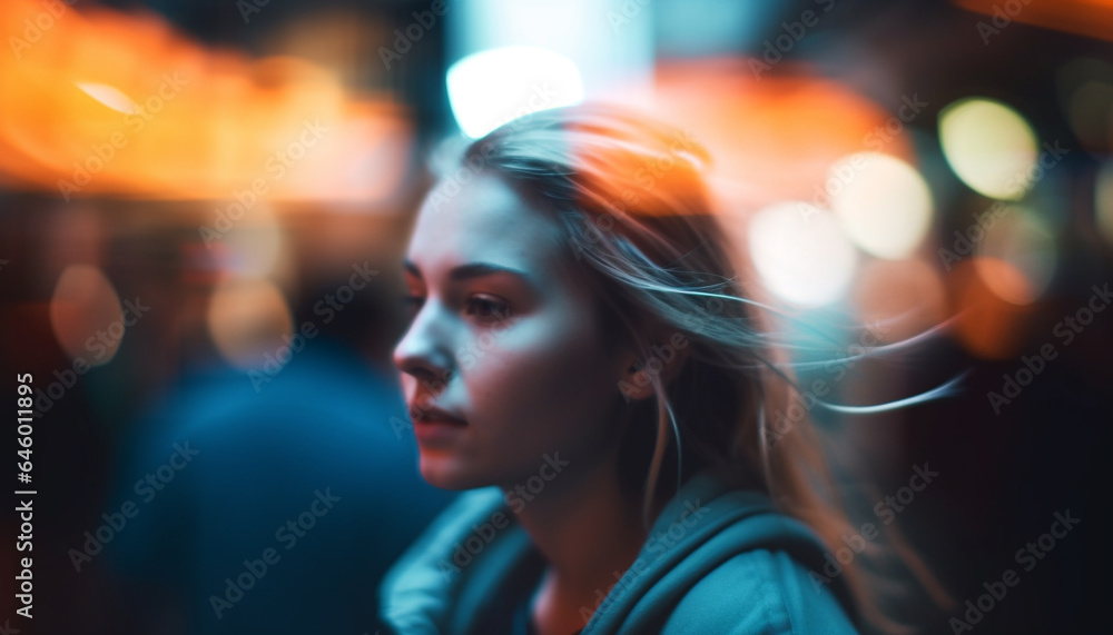 A young woman smiles, enjoying the nightlife in the city generated by AI