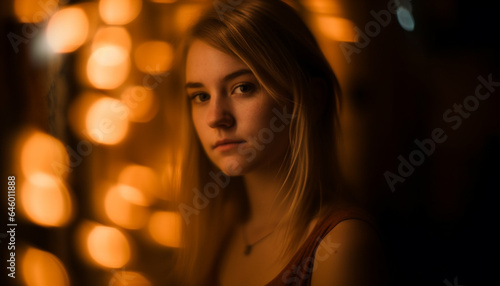 One beautiful woman, illuminated in dark, looking at camera sadly generated by AI