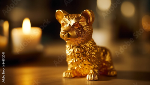 Cute animal figurine glows in candlelight, a Christmas souvenir generated by AI