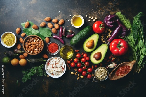 Healthy diet with fruits, vegetables, nuts, olive oil, and garlic for body detox and cleansing. Top view, flat lay. Generative AI