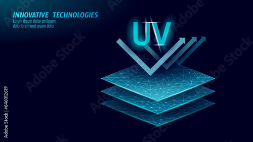 3D UV protection membrane properties. Textile fabric sport sun screen label. Clothing digital design ultraviolet rays safety skin resistance vector illustration