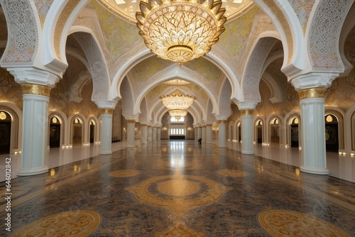 Exquisite Islamic mosque, opulent palace with lavish golden decor. Generative AI