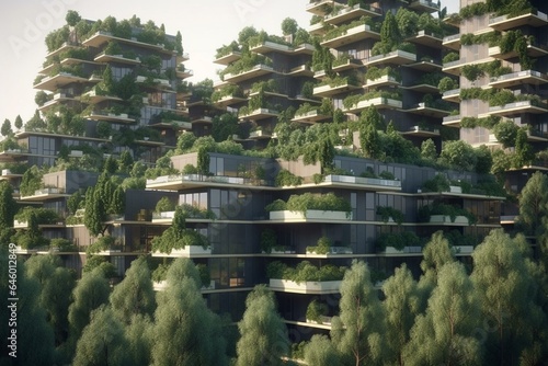 Blend of nature and cityscape. Forest harmonizing with sustainable buildings. Green, eco-friendly urban concept. Generative AI