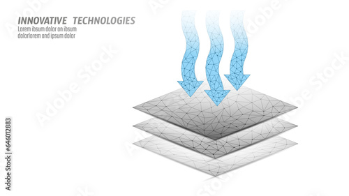 Low poly model breathable fabric technology. Blue wire mesh futuristic digital air flow soft material textile properties vector illustration