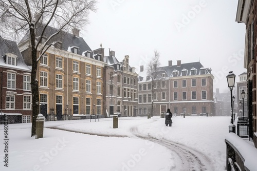 Winter view of snowfall in historic square plein next to the binnenhof with bars and restaurants in ancient city center of The Hague, Netherlands. Generative AI photo