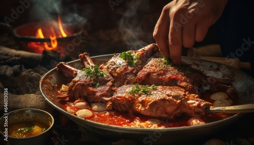 Photo of a person cooking meat in a pan