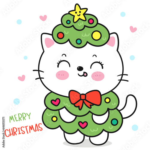 Cat christmas with x mas tree kawaii card