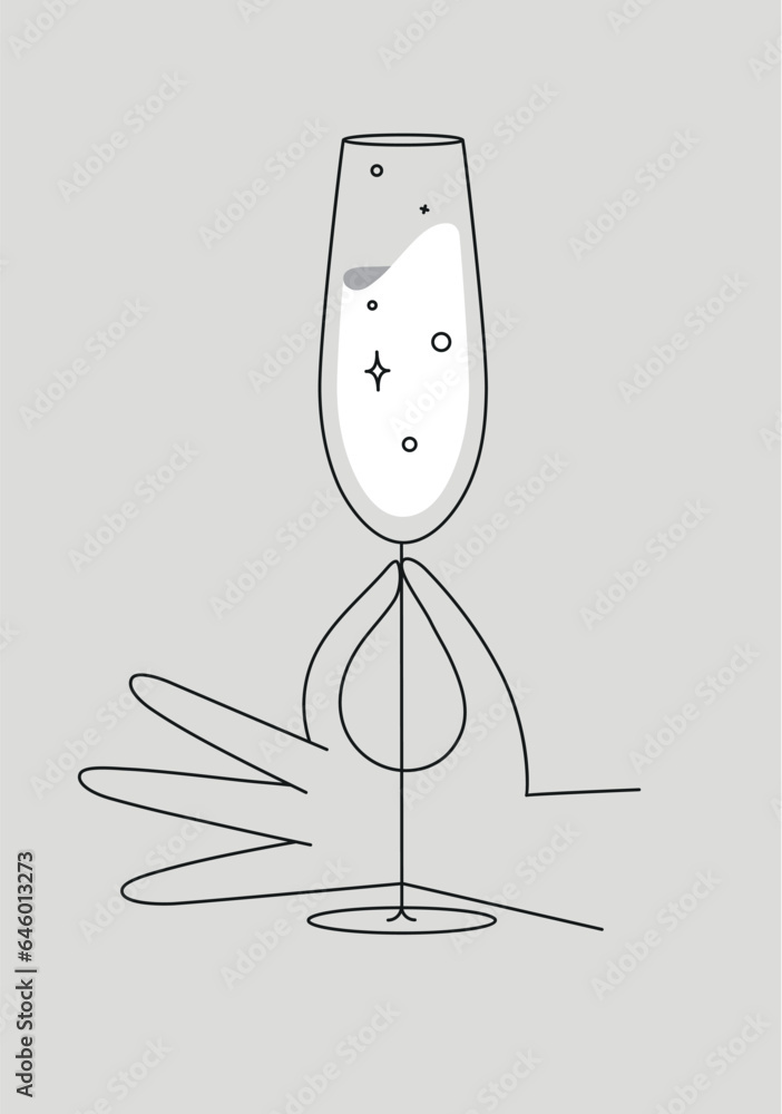 Hand holding glass of champagne drawing in flat line style on grey background