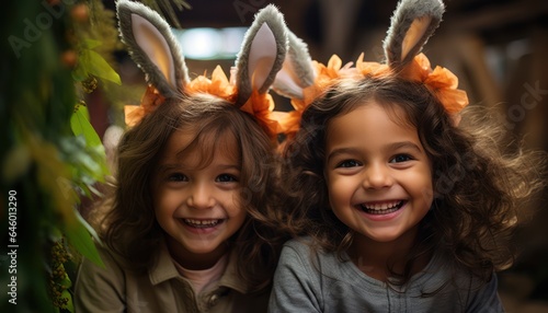 Photo of two adorable little girls wearing bunny ears