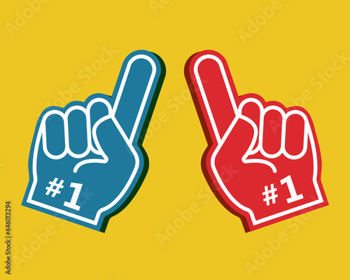 Foam fan finger hand with number one. Fan arm gloves with finger up, support for the team in the sports championship.