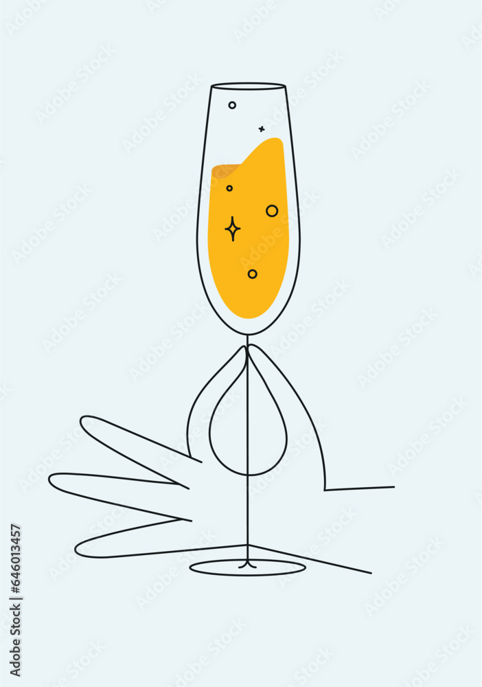 Hand holding glass of champagne drawing in flat line style on light background