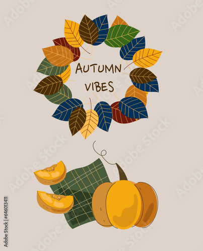 Autumn vibes. Set of pumpkin spice seasonal products, coffee, latte, pie, cake, soup, smoothie. Autumn food vector cartoon flat doodle illustration.