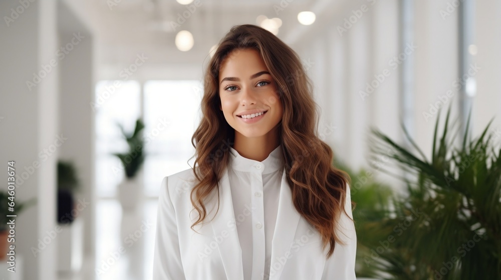 Portrait of beautiful young woman smiling and looking at camera in office Portrait of beautiful young woman smiling and looking at camera in office