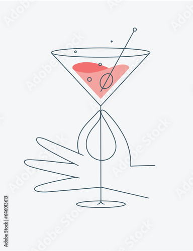 Obraz na płótnie Hand holding glass of cosmopolitan cocktail drawing in flat line style w salonie