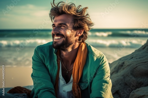 Handsome man smiling and relaxing on the beach on summer