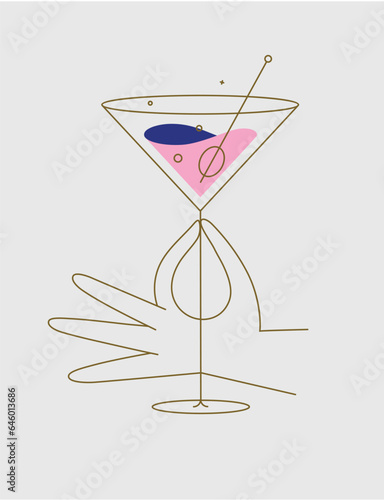 Obraz na płótnie Hand holding glass of cosmopolitan cocktail drawing in flat line style on beige background w salonie