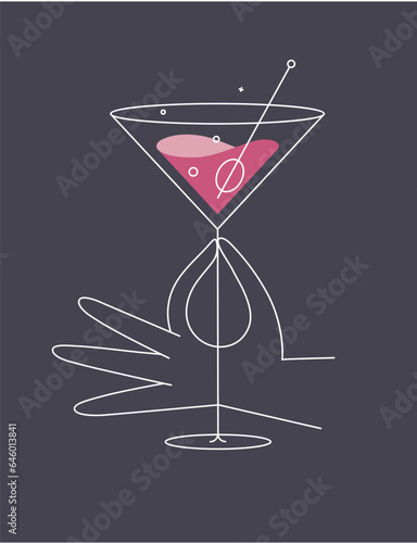 Hand holding glass of cosmopolitan cocktail drawing in flat line style on dark blue background