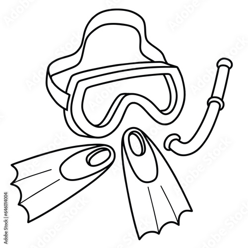 Doodle icon of diving mask and flippers in doodle style isolated on white background.