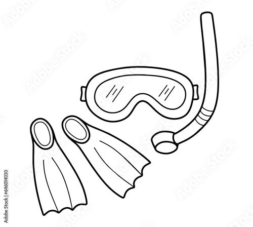 Doodle icon of diving mask and flippers in doodle style isolated on white background.
