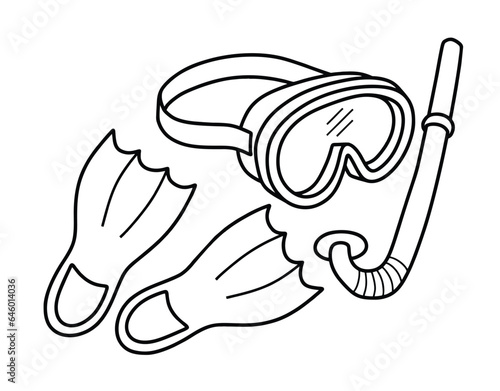 Doodle icon of diving mask and flippers in doodle style isolated on white background.
