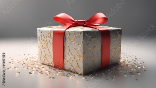 Christmas square gift box in deluxe gold wrapping and with a red bow, on a gray background