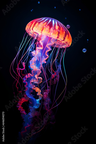 AI, colorful jellyfish swiming in dark ocean