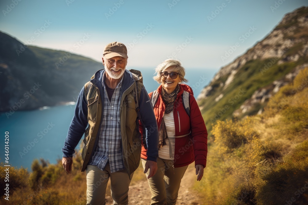 Elderly couple going on a hike together.