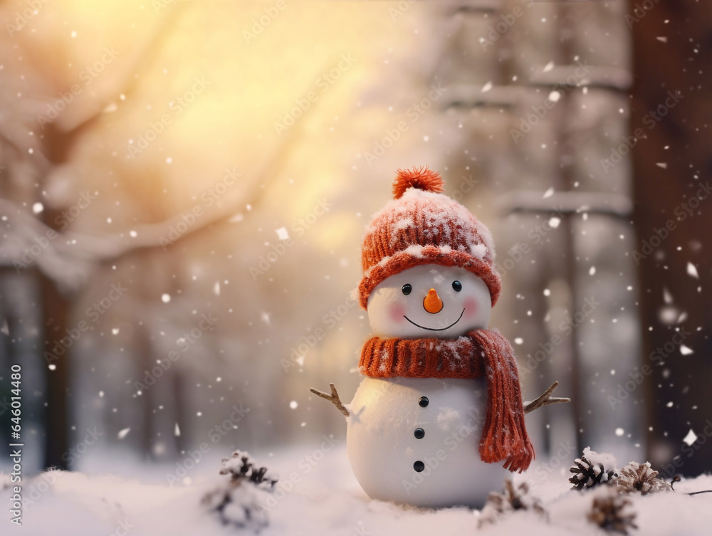 Christmas greeting card with happy snowman in winter secenery